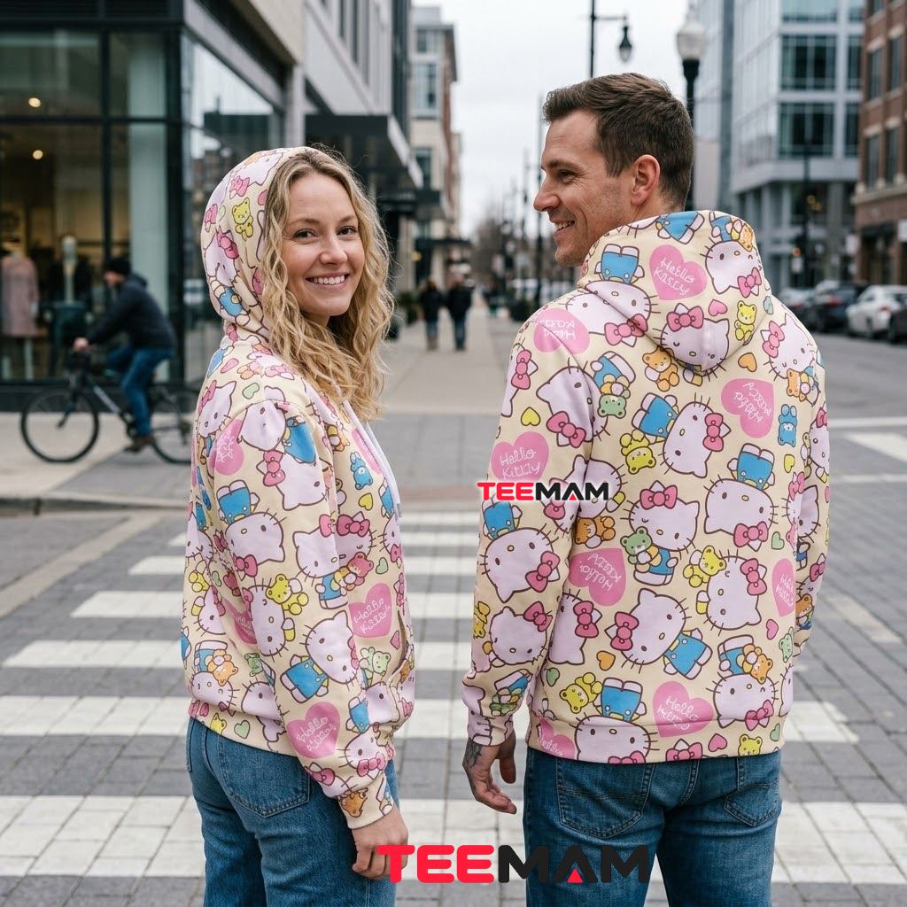 Hello Kitty All Over Print 3D Hoodie Pastel Bear Heart Pattern Back Hello Kitty All Over Print 3D Hoodie Pastel Bear Heart Pattern Back
