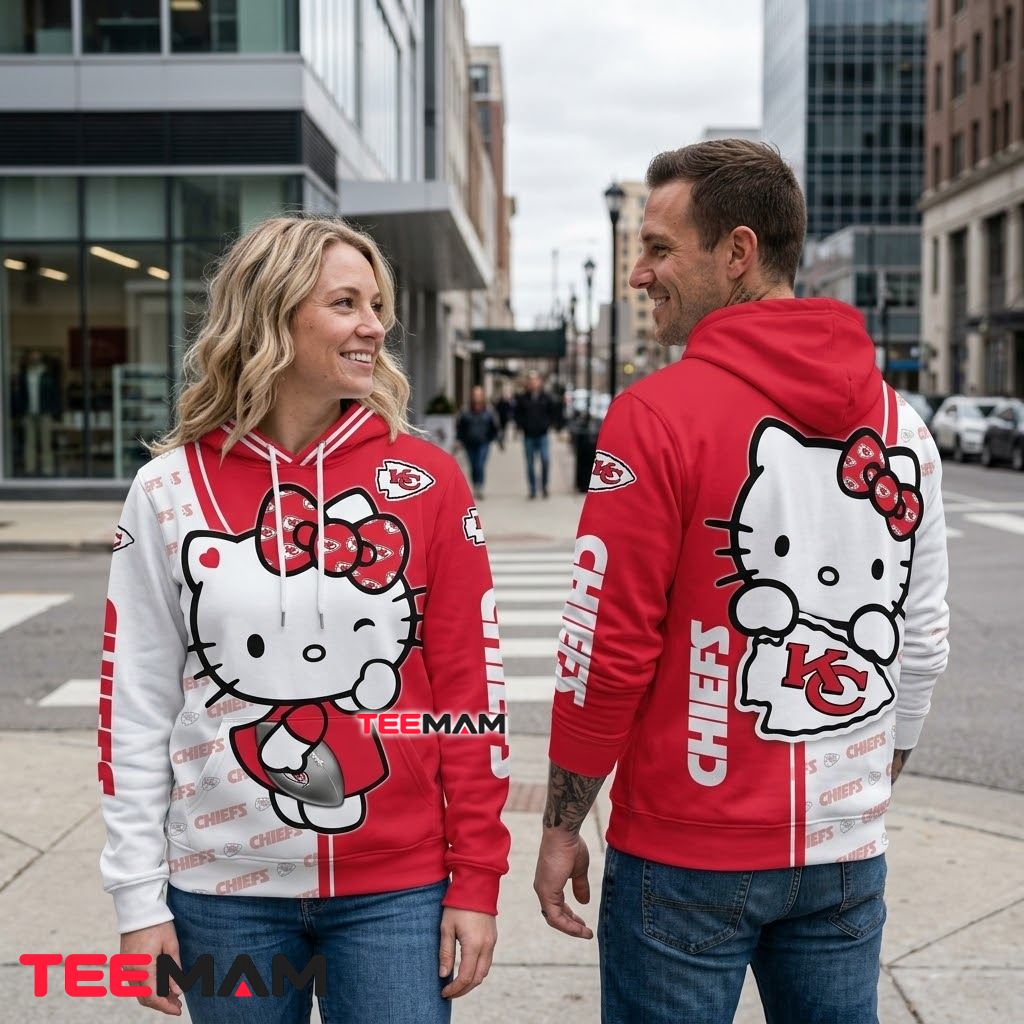 Hello Kitty Kansas City Chiefs 3D Hoodie Red White Split Back Hello Kitty Kansas City Chiefs 3D Hoodie Red White Split Back