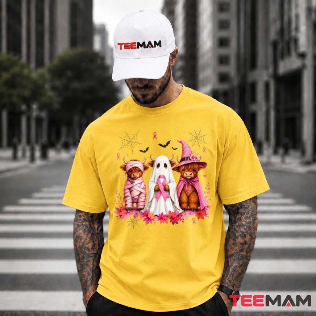Highland Cow Ghost Witch Trio Halloween Pink T-Shirt