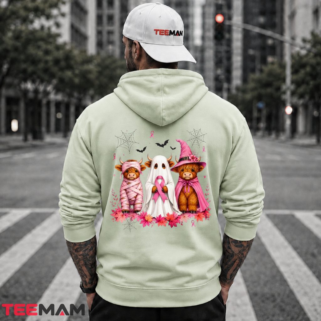 Highland Cow Ghost Witch Trio Halloween Pink Hoodie Highland Cow Ghost Witch Trio Halloween Pink Hoodie