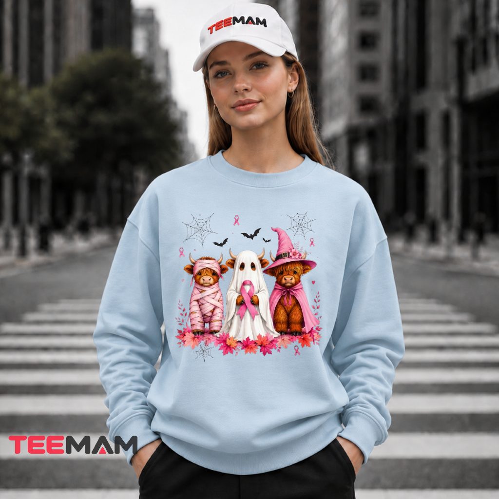 Highland Cow Ghost Witch Trio Halloween Pink Long Sleeve Highland Cow Ghost Witch Trio Halloween Pink Long Sleeve