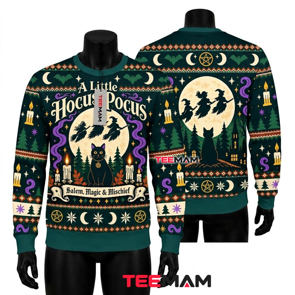 Hocus Pocus Ugly Halloween Sweater Black Cat Witches Salem Front