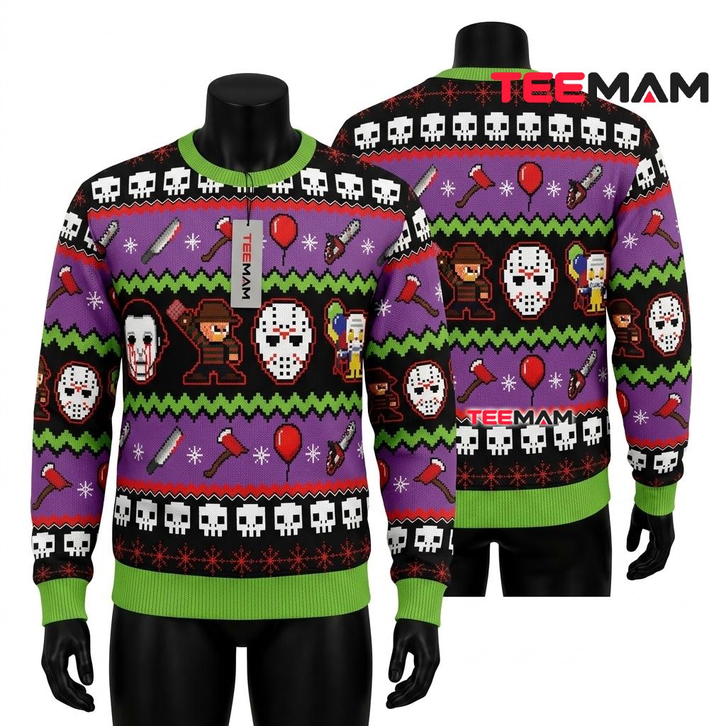 Horror Icons Ugly Halloween Sweater Pixel Art Purple Green Front