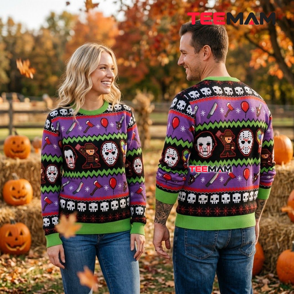 Horror Icons Ugly Halloween Sweater Pixel Art Purple Green Back Horror Icons Ugly Halloween Sweater Pixel Art Purple Green Back