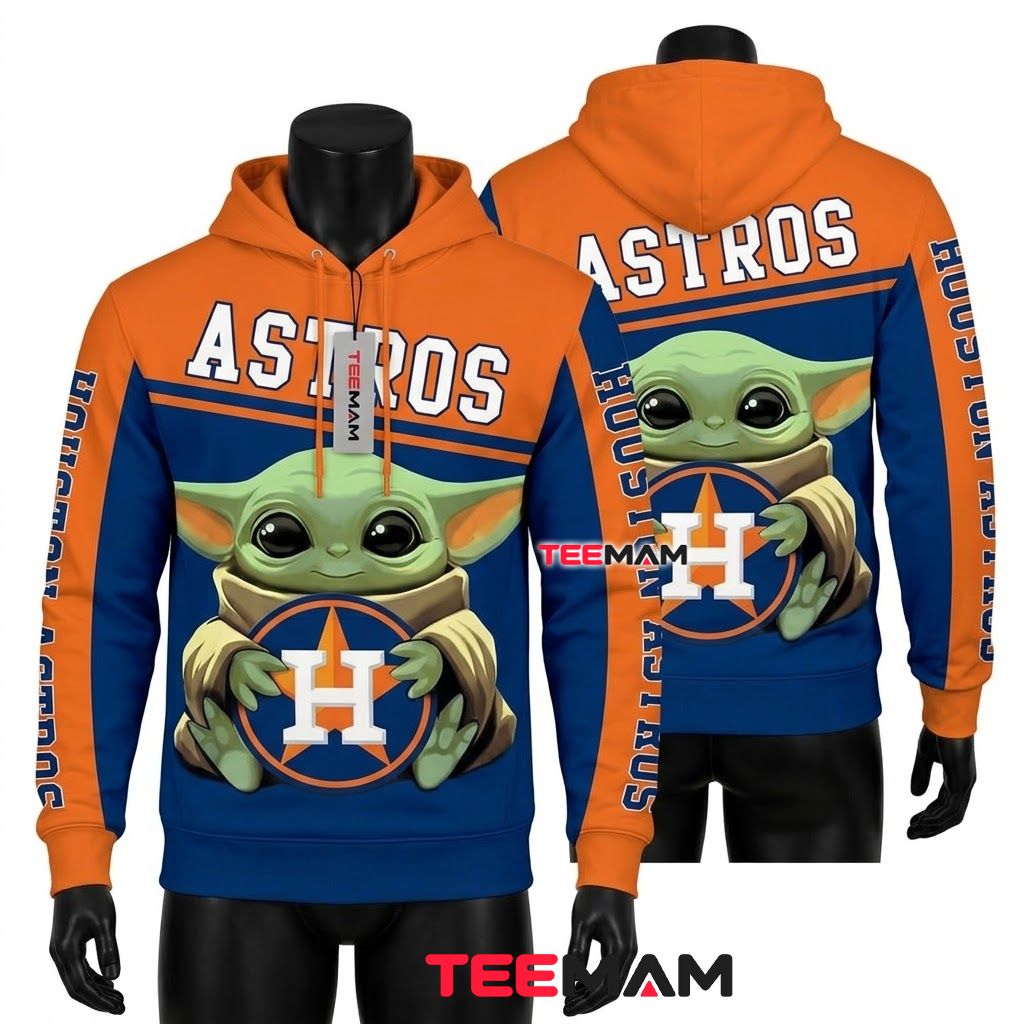 Houston Astros 3D Hoodie Baby Yoda Hug Front