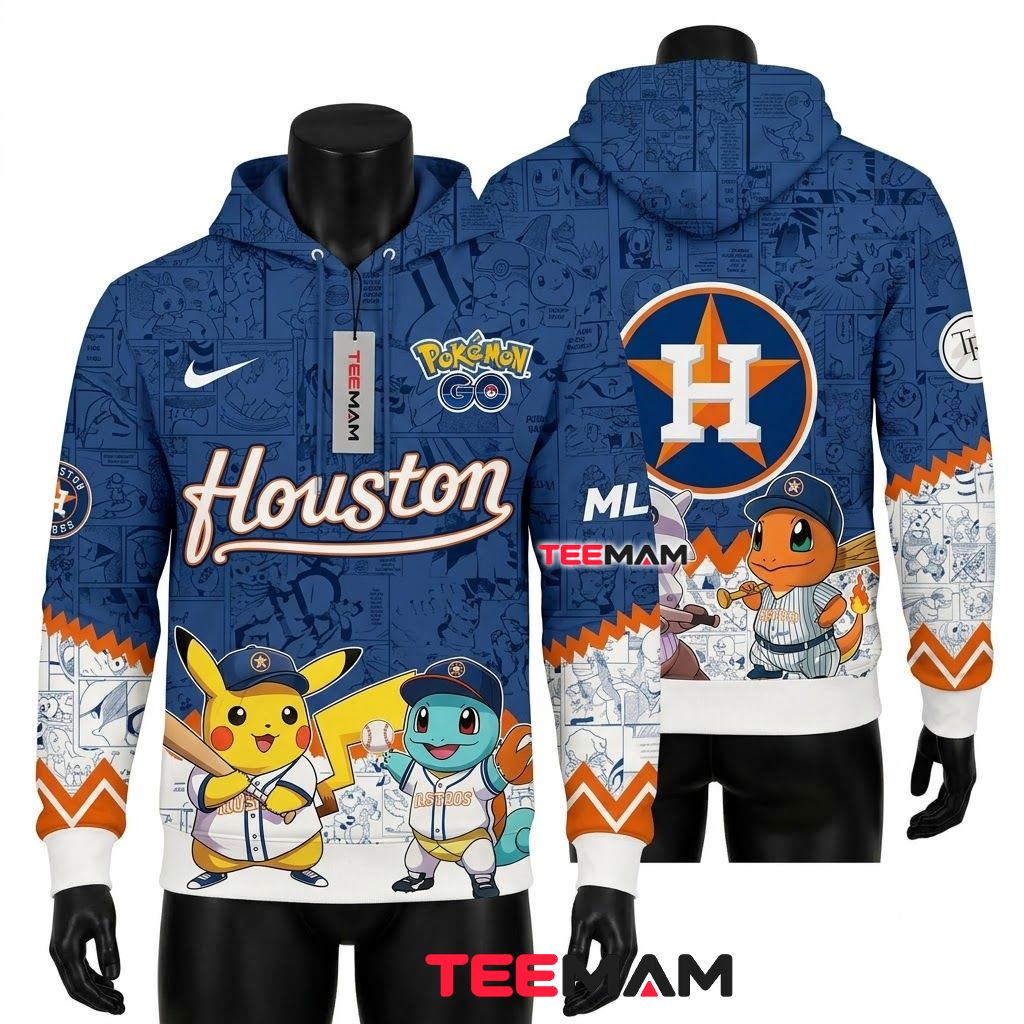 Houston Astros 3D Hoodie Pokemon Pikachu Squirtle Baseball Front
