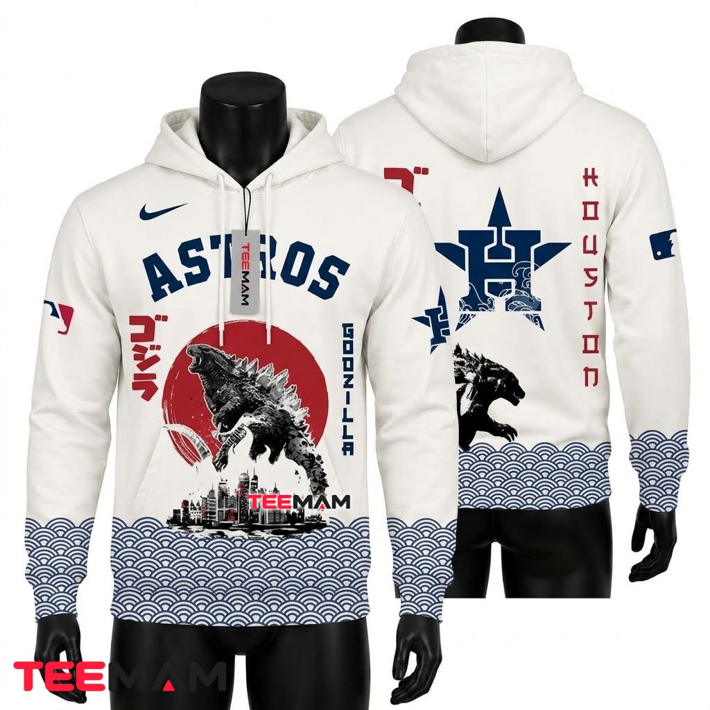 Houston Astros All Over Print 3D Hoodie Godzilla Rising Sun Skyline Front