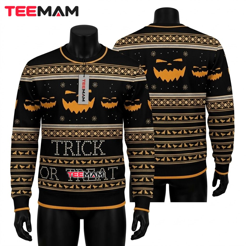 Jack O Lantern Ugly Halloween Sweater Trick Or Treat Face Front