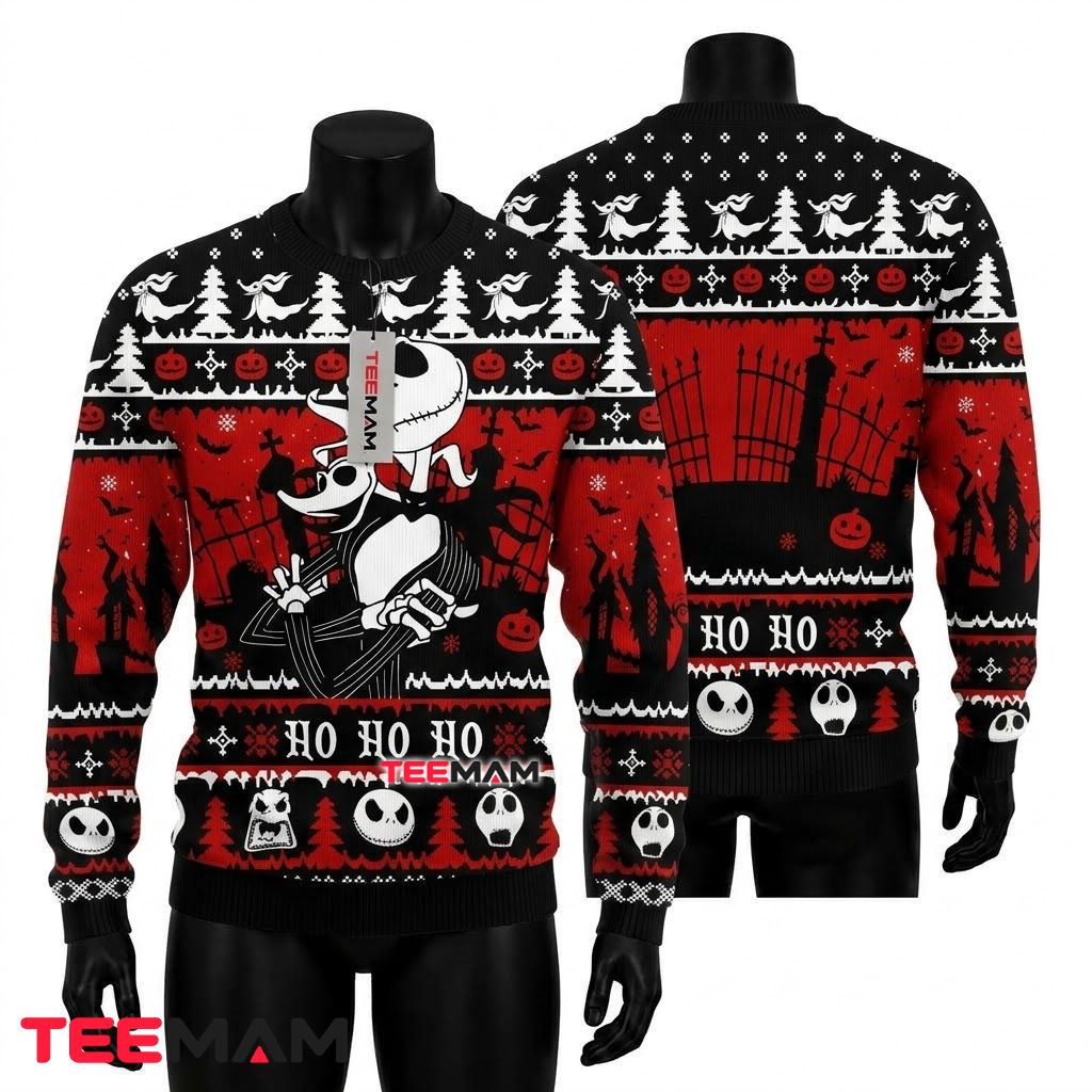 Jack Skellington Ugly Halloween Sweater Ho Ho Ho Graveyard Front