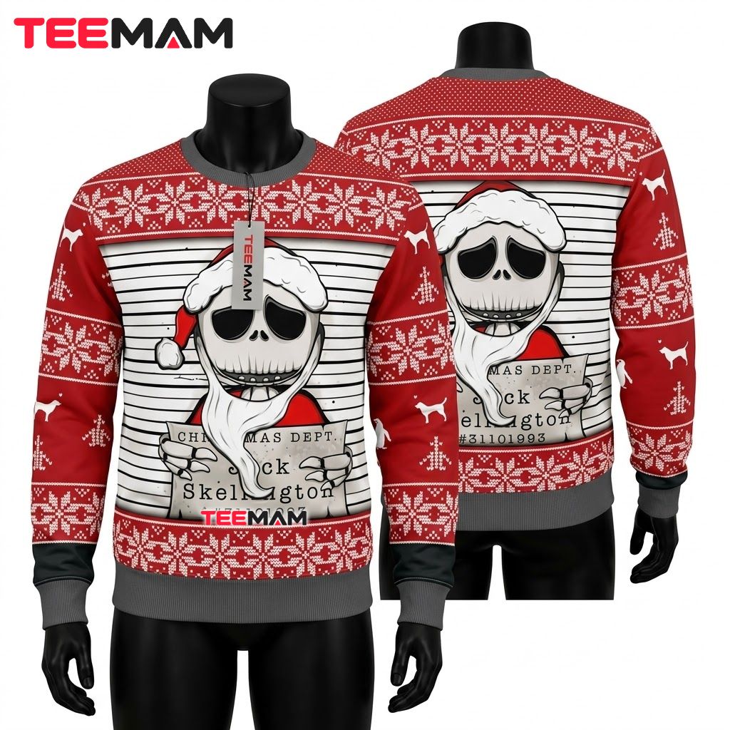 Jack Skellington Ugly Halloween Sweater Mugshot Santa Hat Front