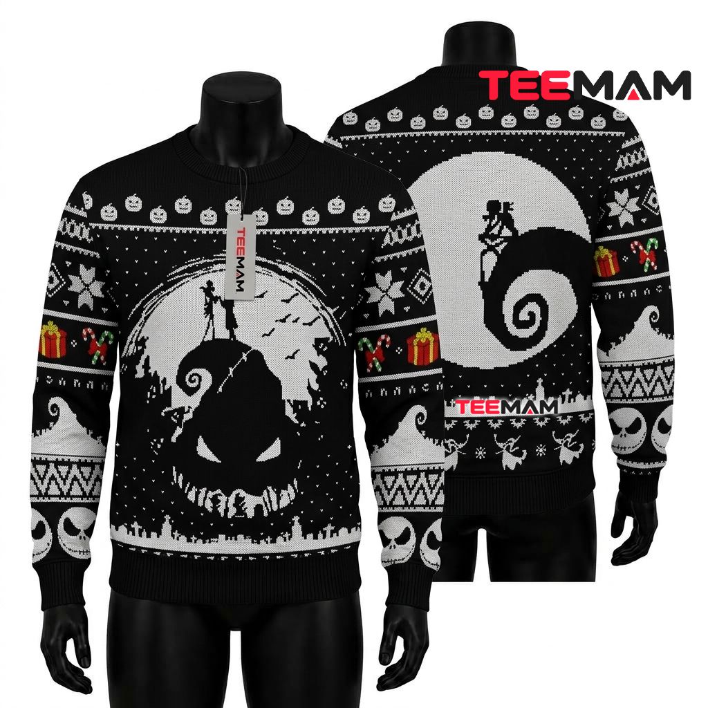 Jack Skellington Ugly Halloween Sweater Oogie Boogie Spiral Moon Front
