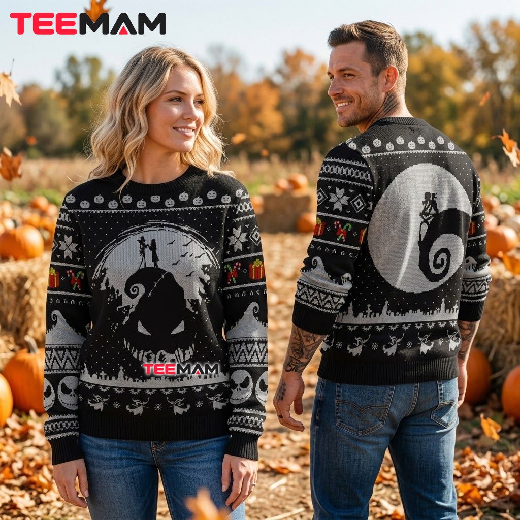 Jack Skellington Ugly Halloween Sweater Oogie Boogie Spiral Moon Back Jack Skellington Ugly Halloween Sweater Oogie Boogie Spiral Moon Back