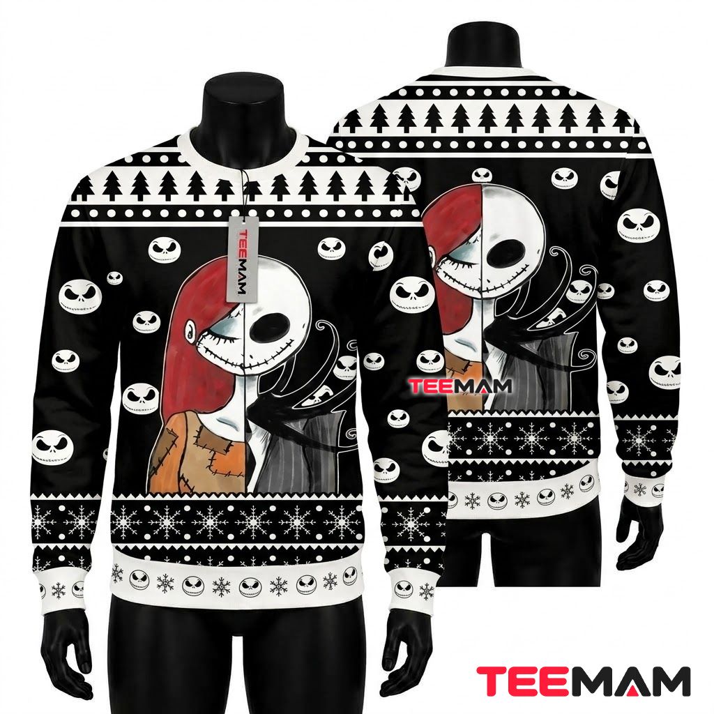 Jack Skellington Ugly Halloween Sweater Sally Split Face Print Front