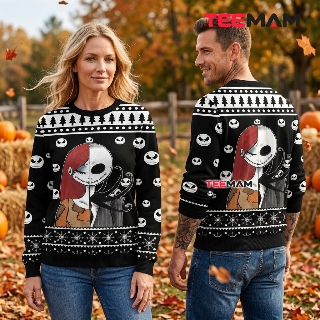 Jack Skellington Ugly Halloween Sweater Sally Split Face Print Back Jack Skellington Ugly Halloween Sweater Sally Split Face Print Back