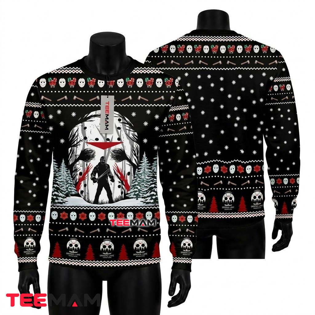 Jason Voorhees Ugly Halloween Sweater Crystal Lake Forest Mask Front