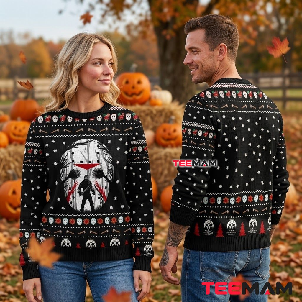 Jason Voorhees Ugly Halloween Sweater Crystal Lake Forest Mask Back Jason Voorhees Ugly Halloween Sweater Crystal Lake Forest Mask Back