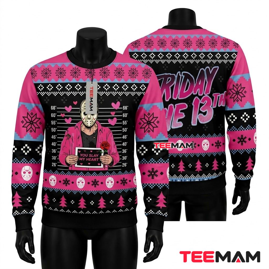 Jason Voorhees Ugly Halloween Sweater Friday The 13th Pink Front