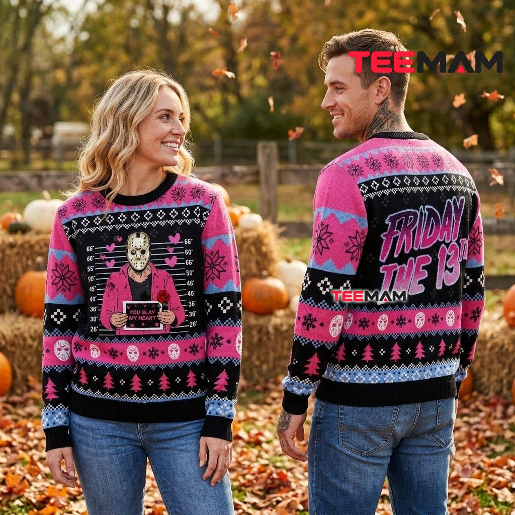 Jason Voorhees Ugly Halloween Sweater Friday The 13th Pink Back Jason Voorhees Ugly Halloween Sweater Friday The 13th Pink Back