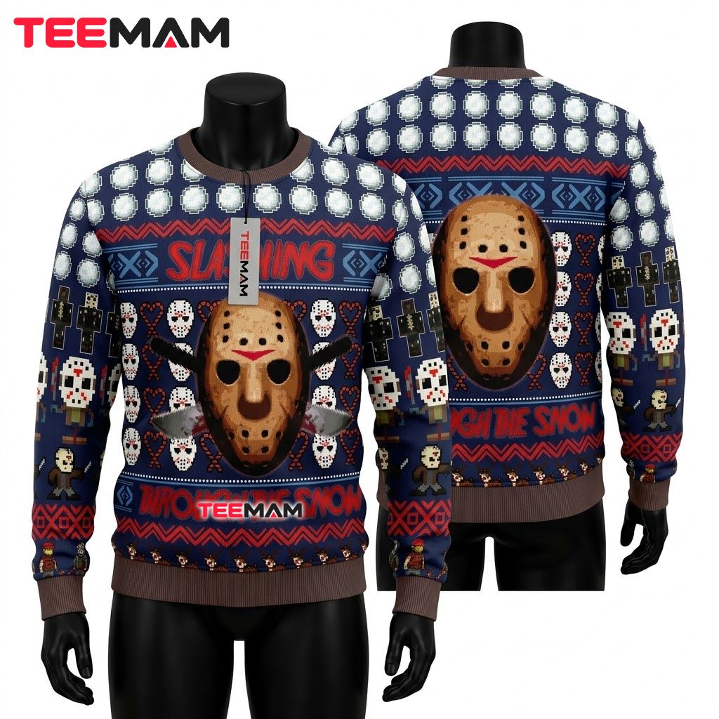 Jason Voorhees Ugly Halloween Sweater Slashing Through Snow Front