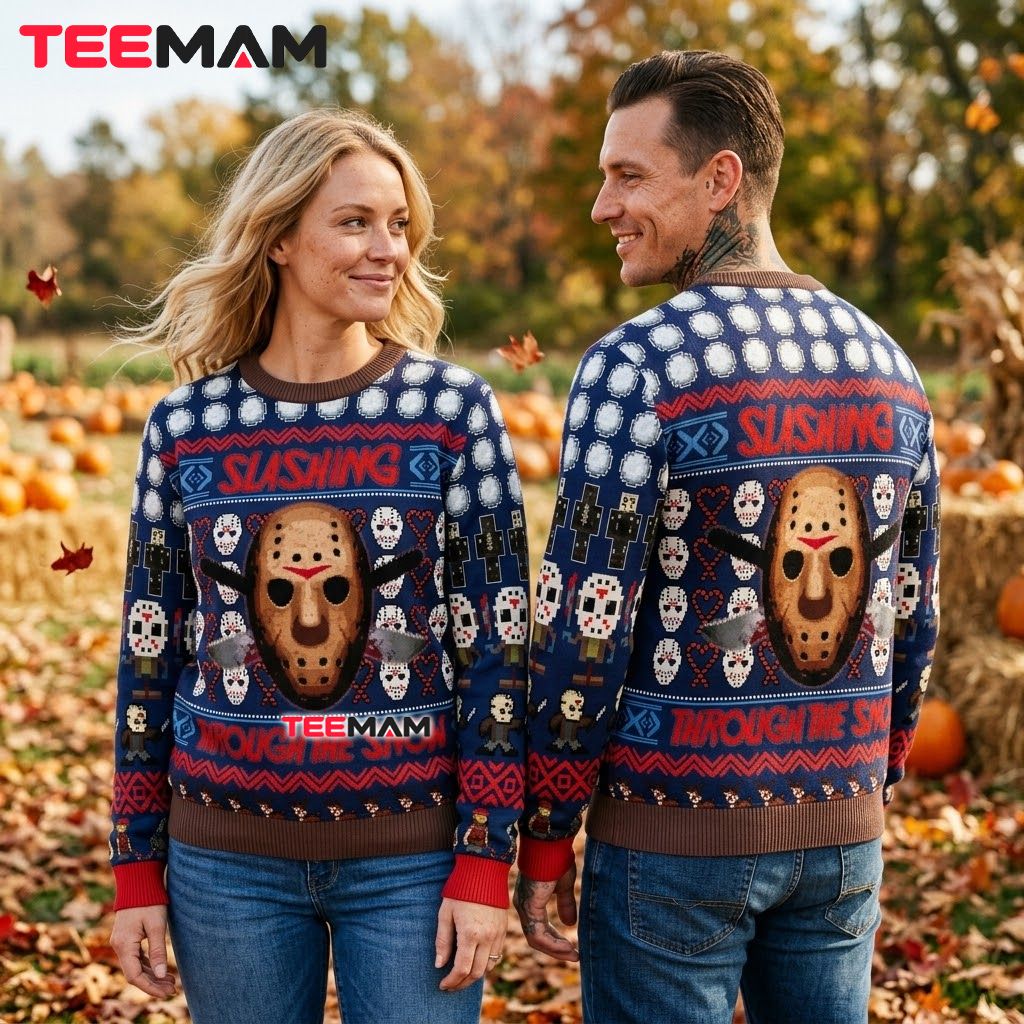 Jason Voorhees Ugly Halloween Sweater Slashing Through Snow Back Jason Voorhees Ugly Halloween Sweater Slashing Through Snow Back