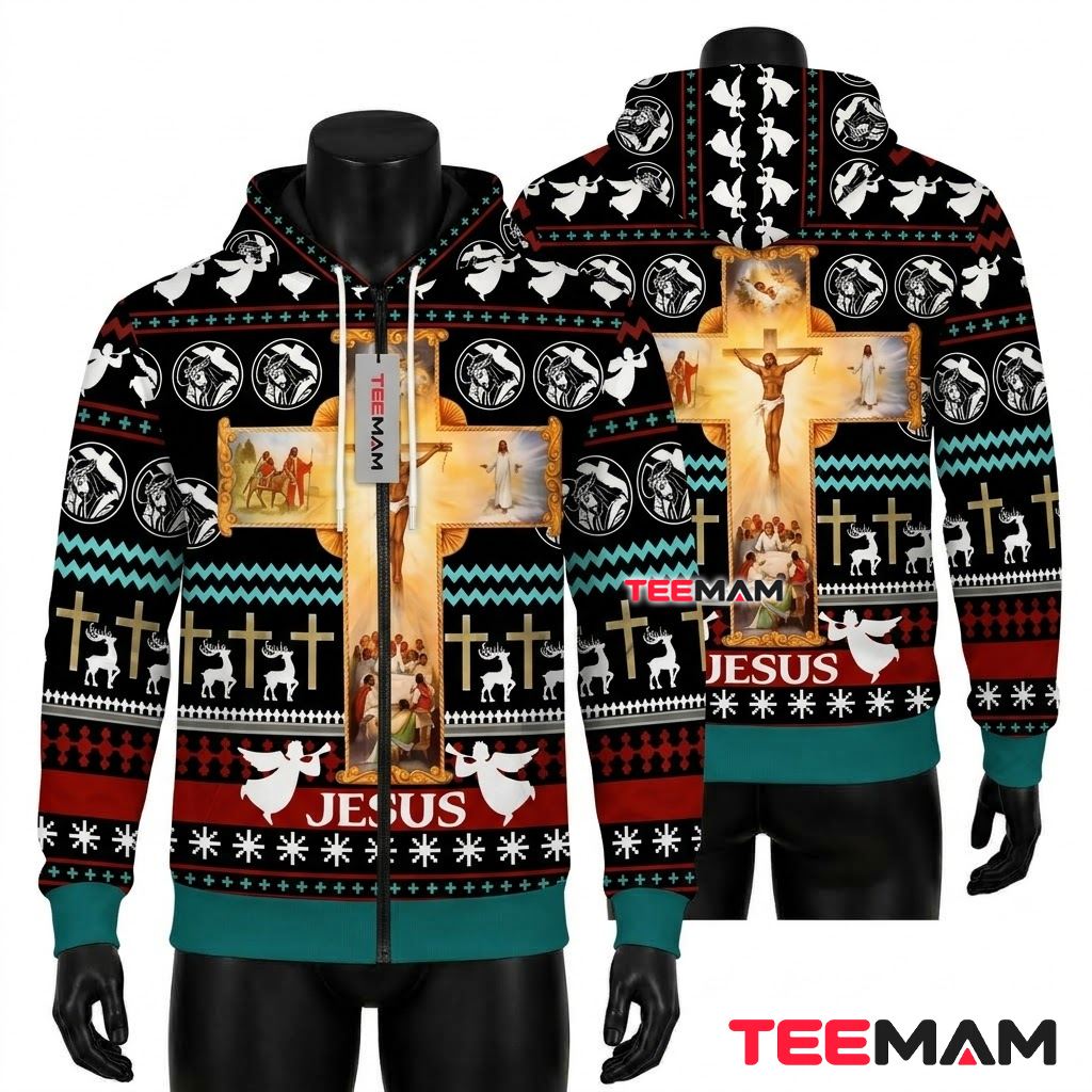 Jesus 3D Hoodie Christmas Cross Angel Ugly Sweater Front