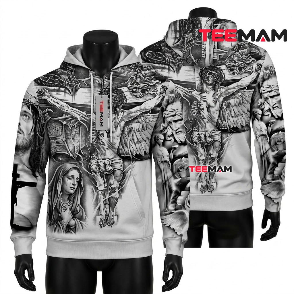 Jesus 3D Hoodie Crucifixion Wings Tattoo Art Front