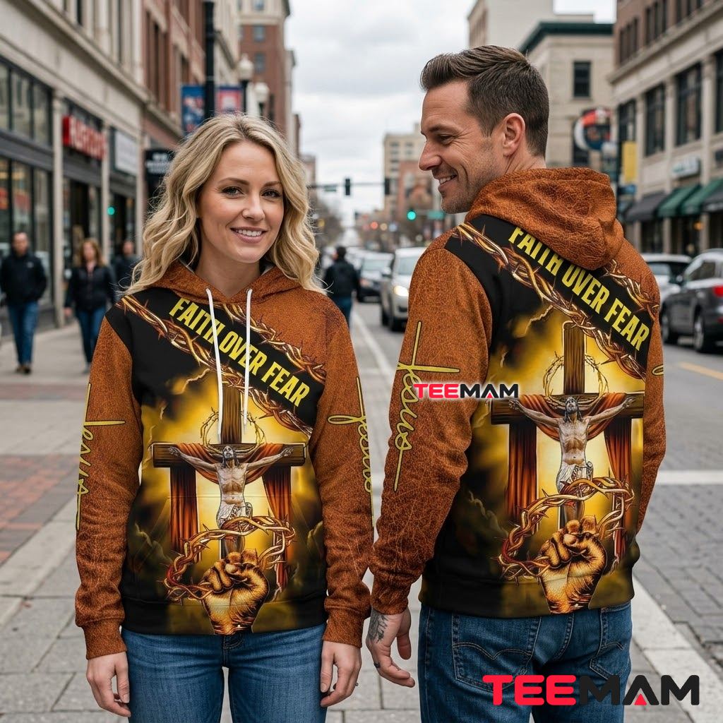 Jesus 3D Hoodie Faith Over Fear Crucifix Back Jesus 3D Hoodie Faith Over Fear Crucifix Back