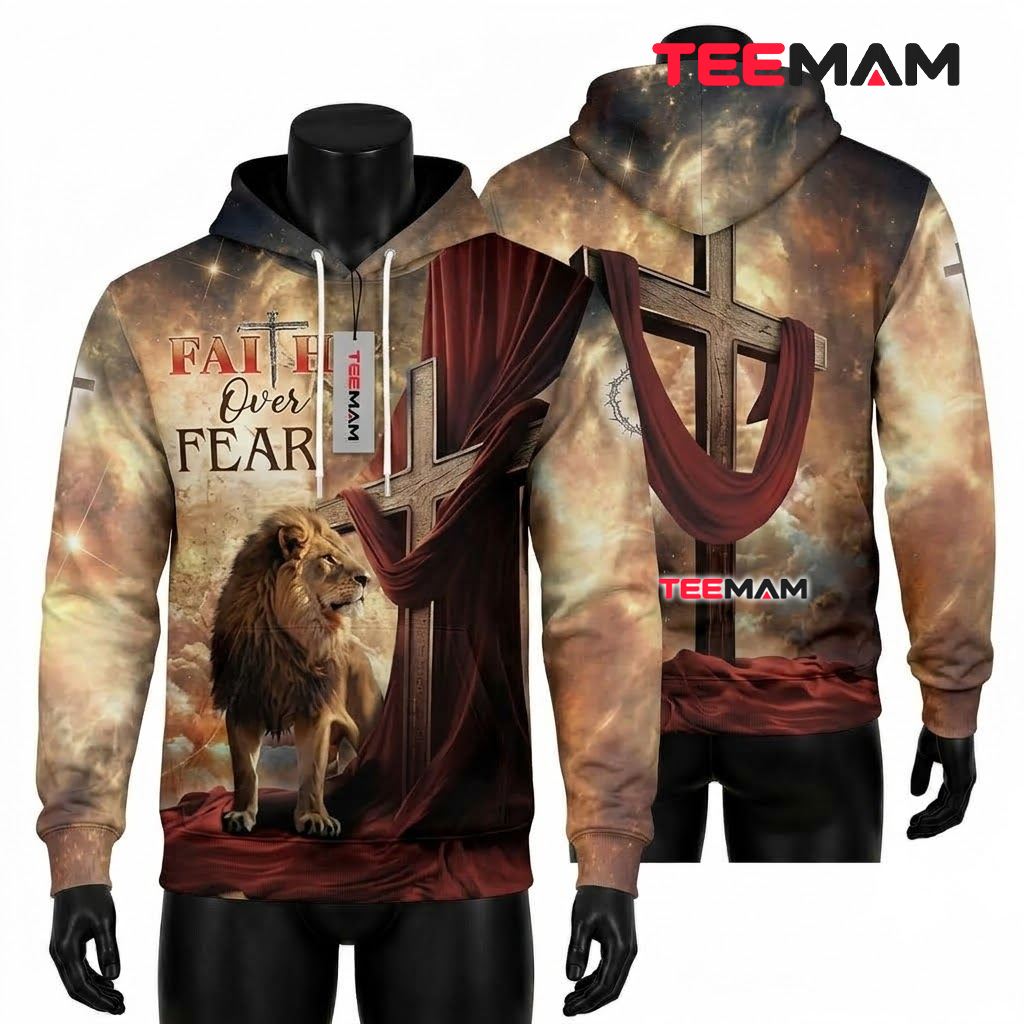 Jesus 3D Hoodie Faith Over Fear Lion Red Curtain Front
