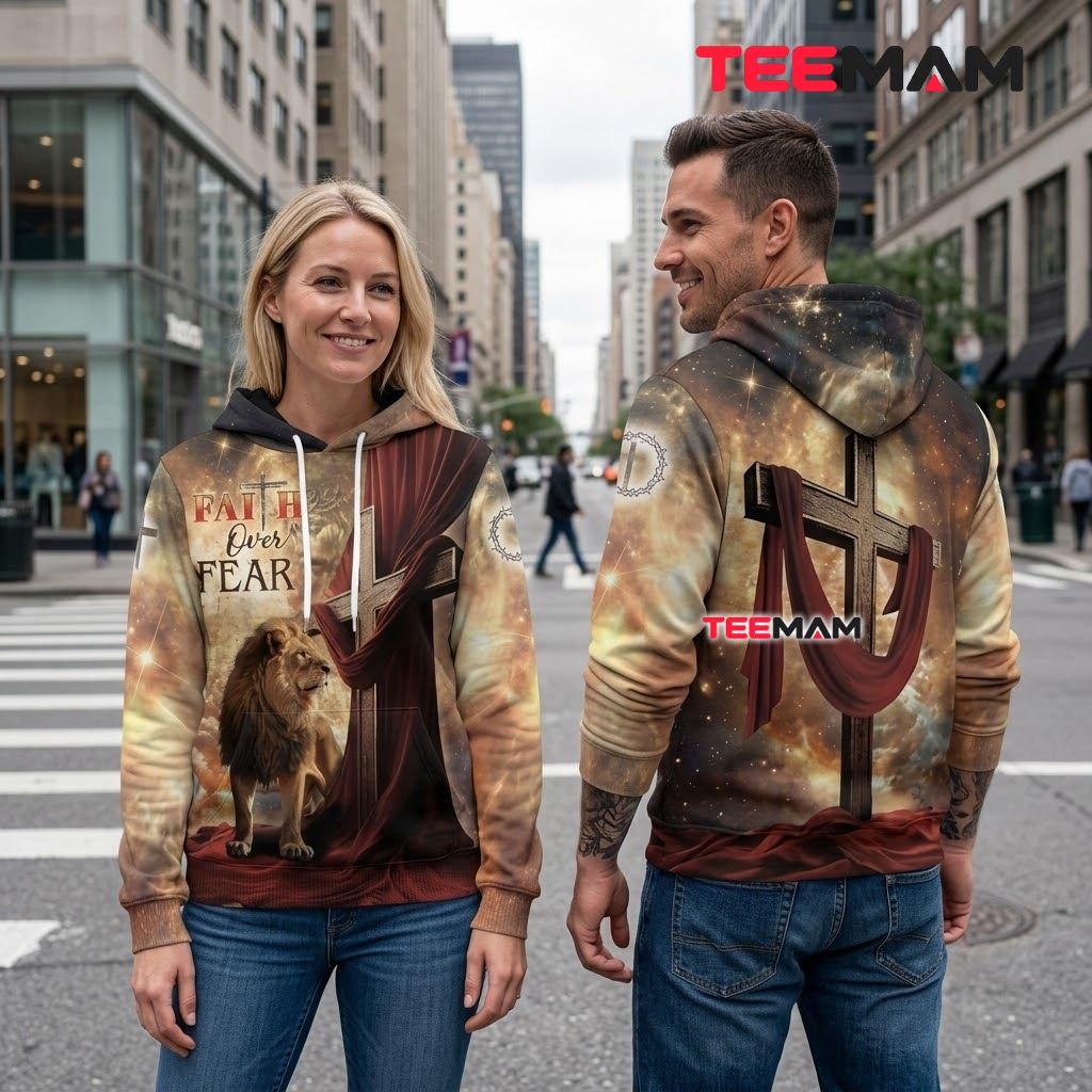 Jesus 3D Hoodie Faith Over Fear Lion Red Curtain Back Jesus 3D Hoodie Faith Over Fear Lion Red Curtain Back