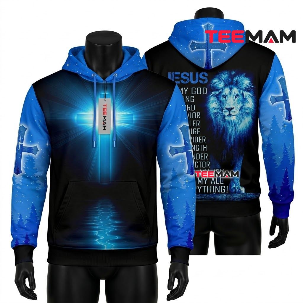 Jesus 3D Hoodie Glowing Cross Blue Lion Forest Front