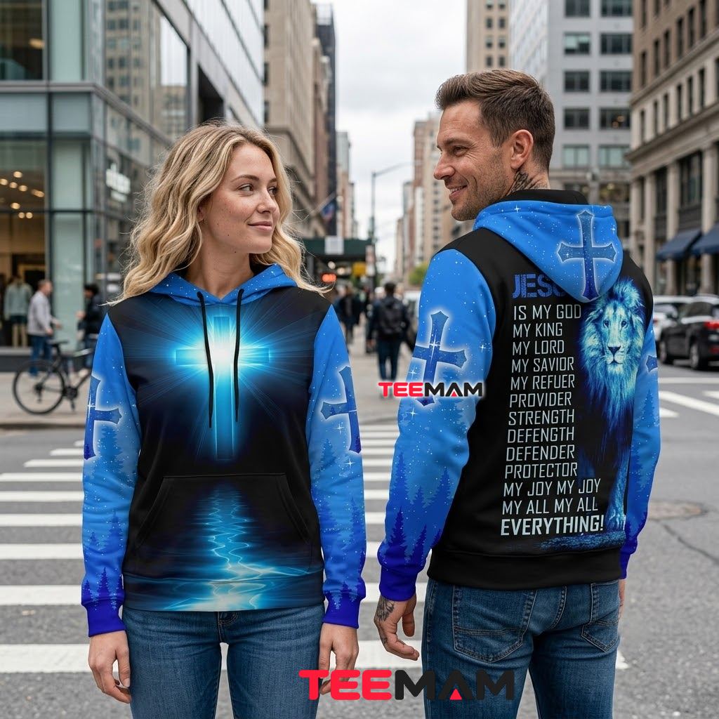 Jesus 3D Hoodie Glowing Cross Blue Lion Forest Back Jesus 3D Hoodie Glowing Cross Blue Lion Forest Back