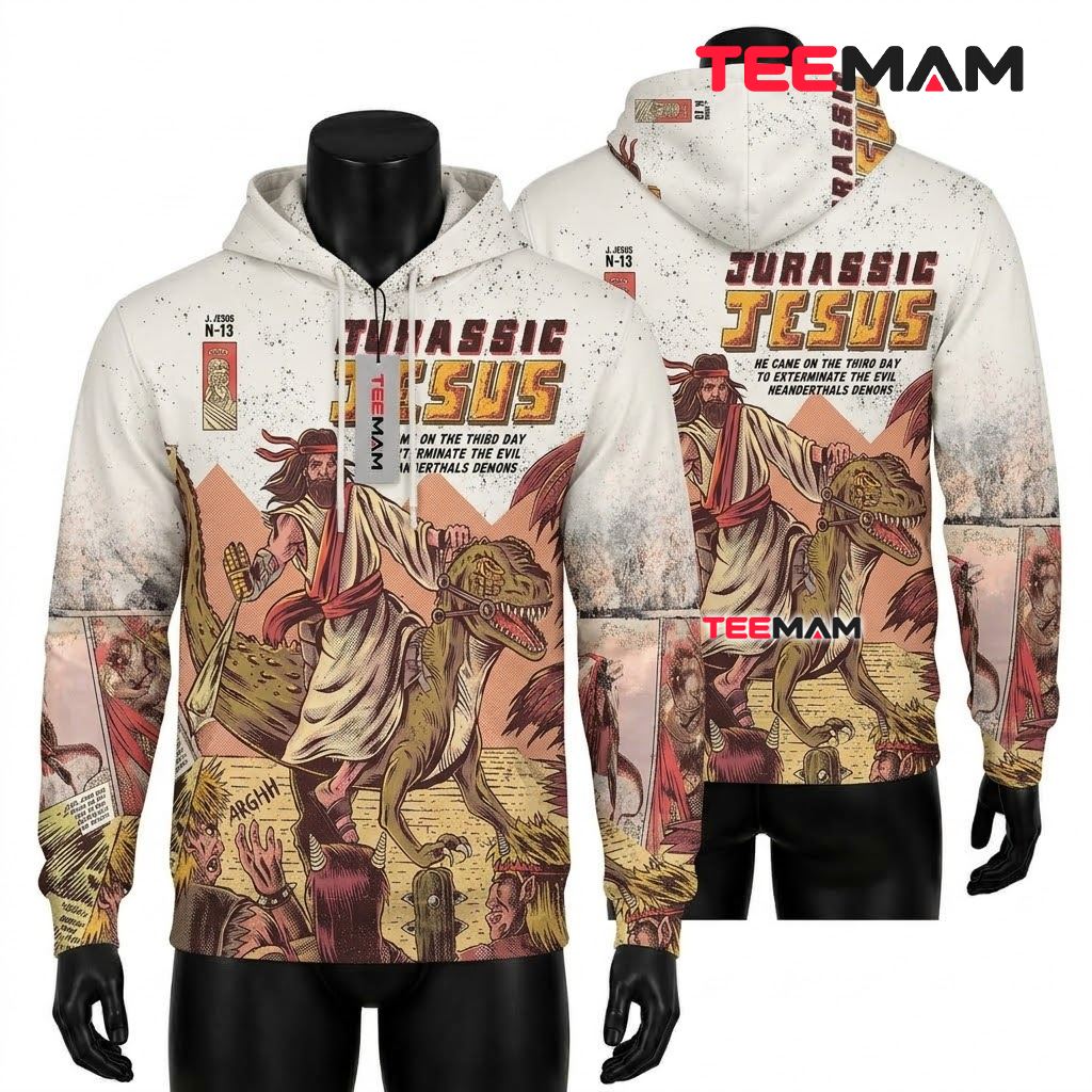 Jesus 3D Hoodie Jurassic Jesus Dinosaur Comic Front