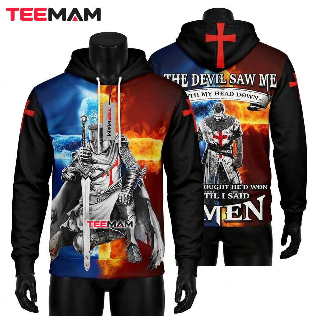 Jesus 3D Hoodie Knight Templar Amen Fire Ice Front