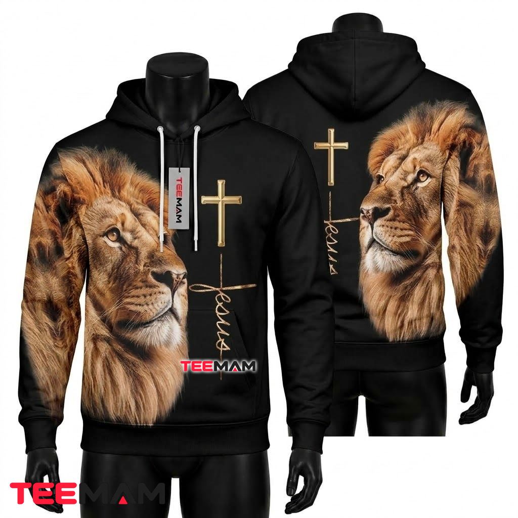 Jesus 3D Hoodie Lion Gold Cross Black Front