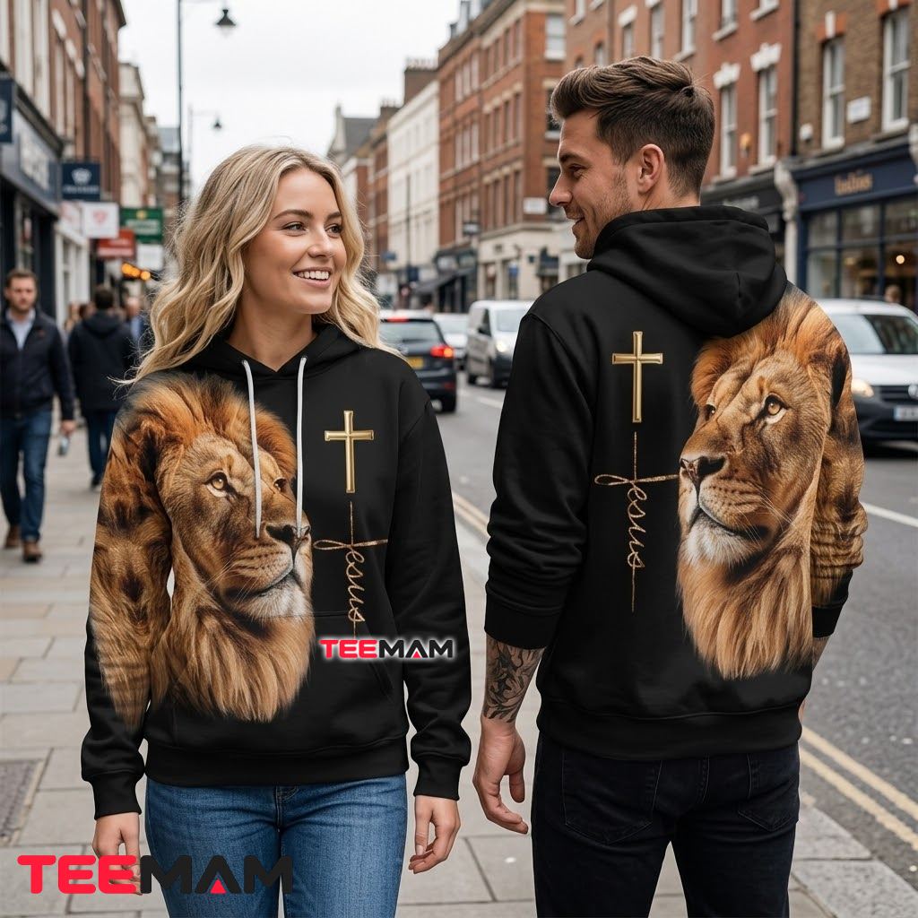 Jesus 3D Hoodie Lion Gold Cross Black Back Jesus 3D Hoodie Lion Gold Cross Black Back