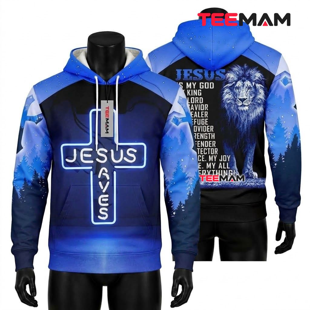 Jesus 3D Hoodie Neon Cross Blue Lion Front