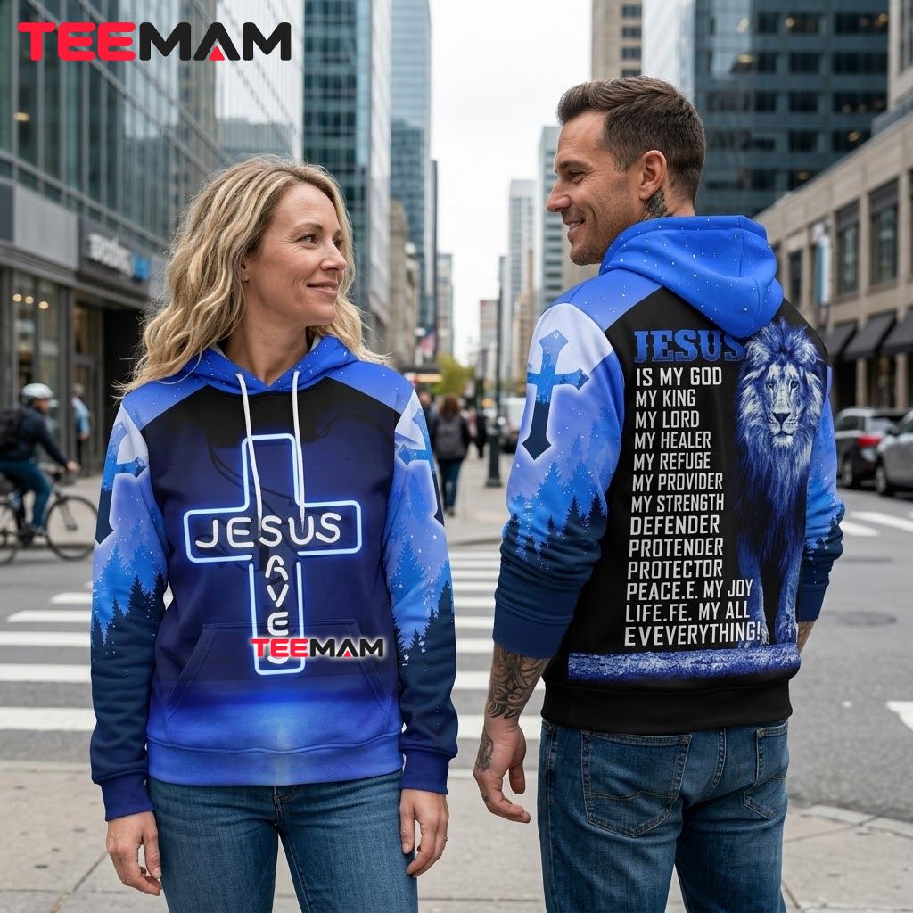 Jesus 3D Hoodie Neon Cross Blue Lion Back Jesus 3D Hoodie Neon Cross Blue Lion Back