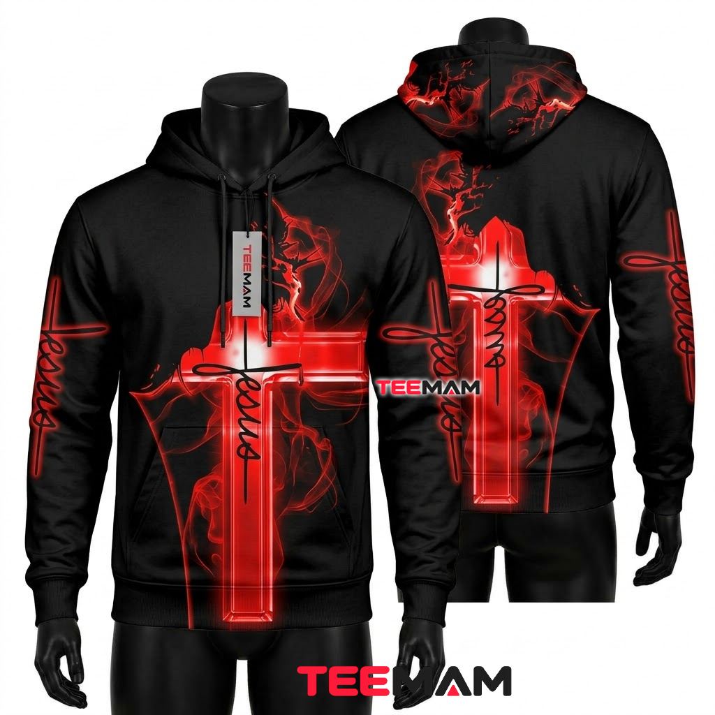 Jesus 3D Hoodie Neon Cross Red Smoke Black Front