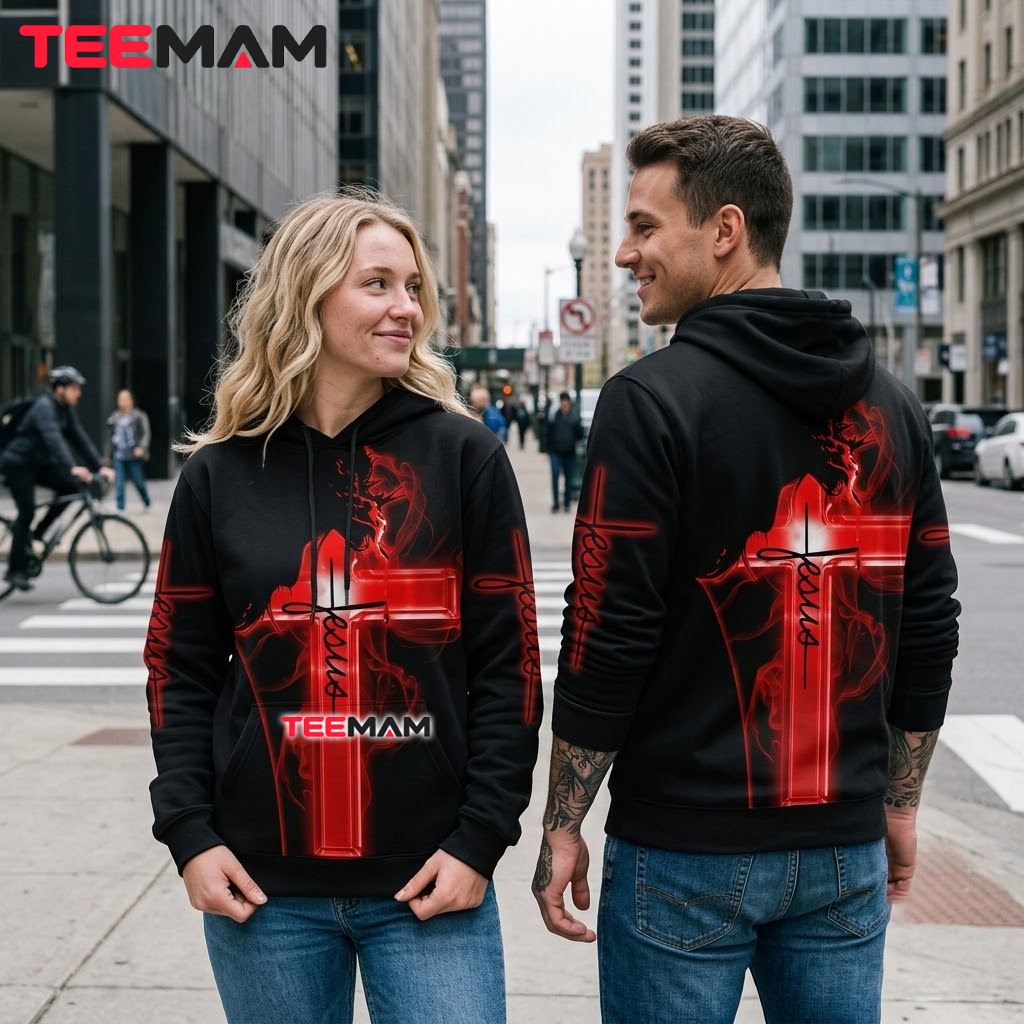 Jesus 3D Hoodie Neon Cross Red Smoke Black Back Jesus 3D Hoodie Neon Cross Red Smoke Black Back