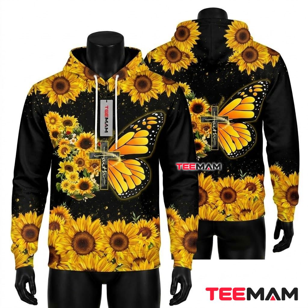 Jesus 3D Hoodie Sunflower Butterfly Faith Cross Front
