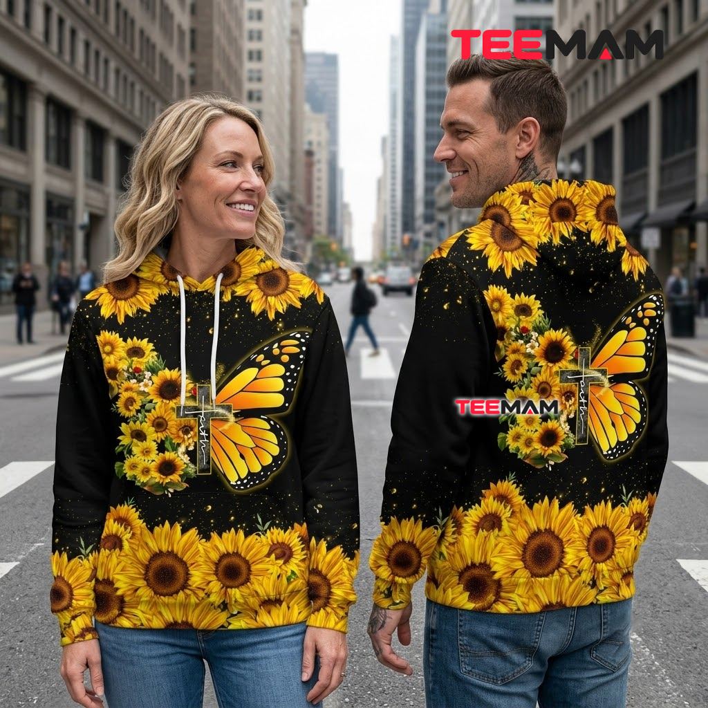 Jesus 3D Hoodie Sunflower Butterfly Faith Cross Back Jesus 3D Hoodie Sunflower Butterfly Faith Cross Back