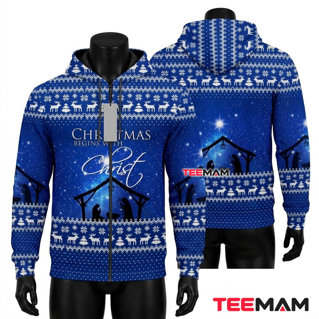 Jesus All Over Print 3D Hoodie Christmas Begins With Christ Front