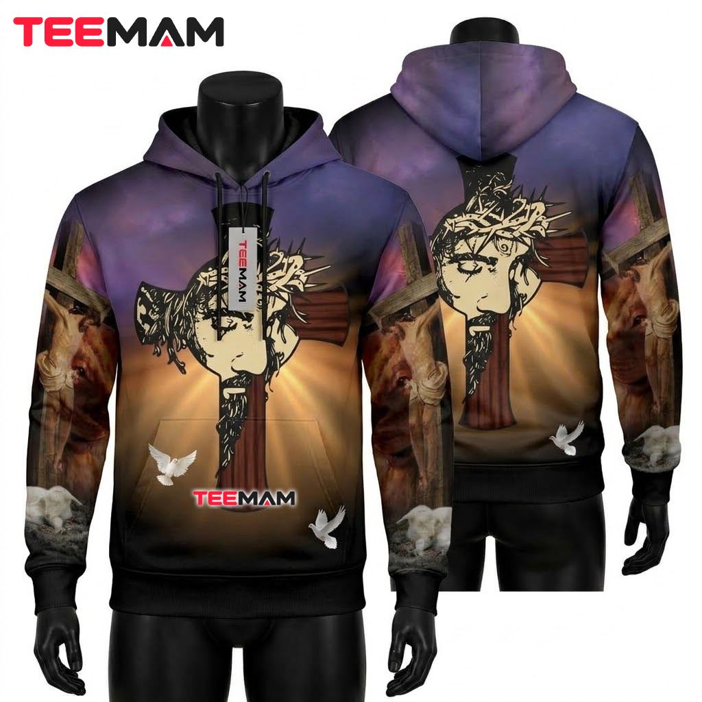 Jesus All Over Print 3D Hoodie Cross Face Dove Sunset Front