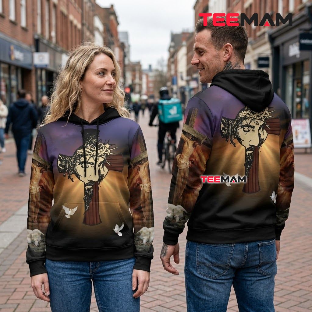 Jesus All Over Print 3D Hoodie Cross Face Dove Sunset Back Jesus All Over Print 3D Hoodie Cross Face Dove Sunset Back