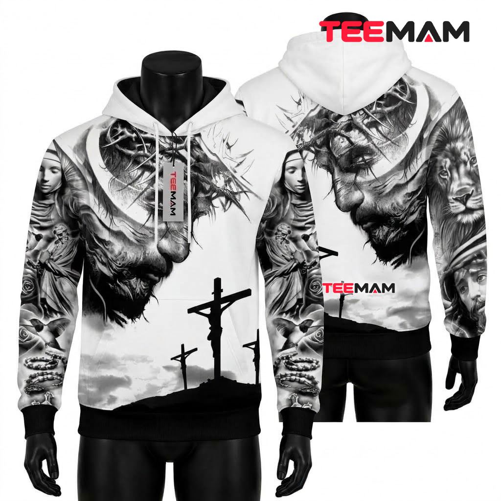 Jesus All Over Print 3D Hoodie Crown Thorns Calvary Grayscale Front