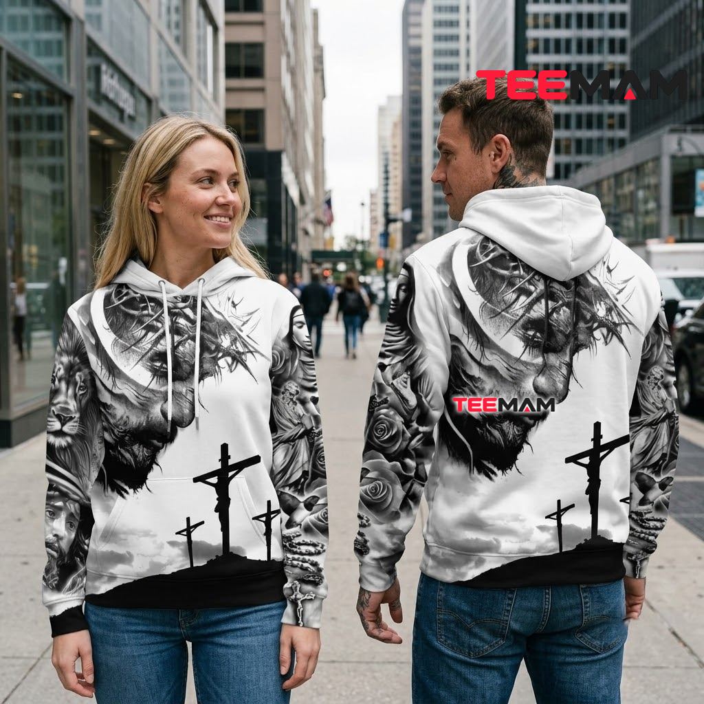 Jesus All Over Print 3D Hoodie Crown Thorns Calvary Grayscale Back Jesus All Over Print 3D Hoodie Crown Thorns Calvary Grayscale Back
