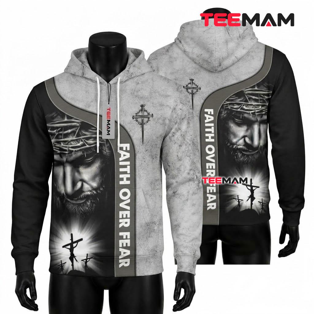 Jesus All Over Print 3D Hoodie Faith Over Fear Grayscale Front
