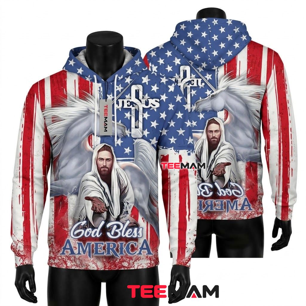 Jesus All Over Print 3D Hoodie God Bless America Unicorn Flag Front