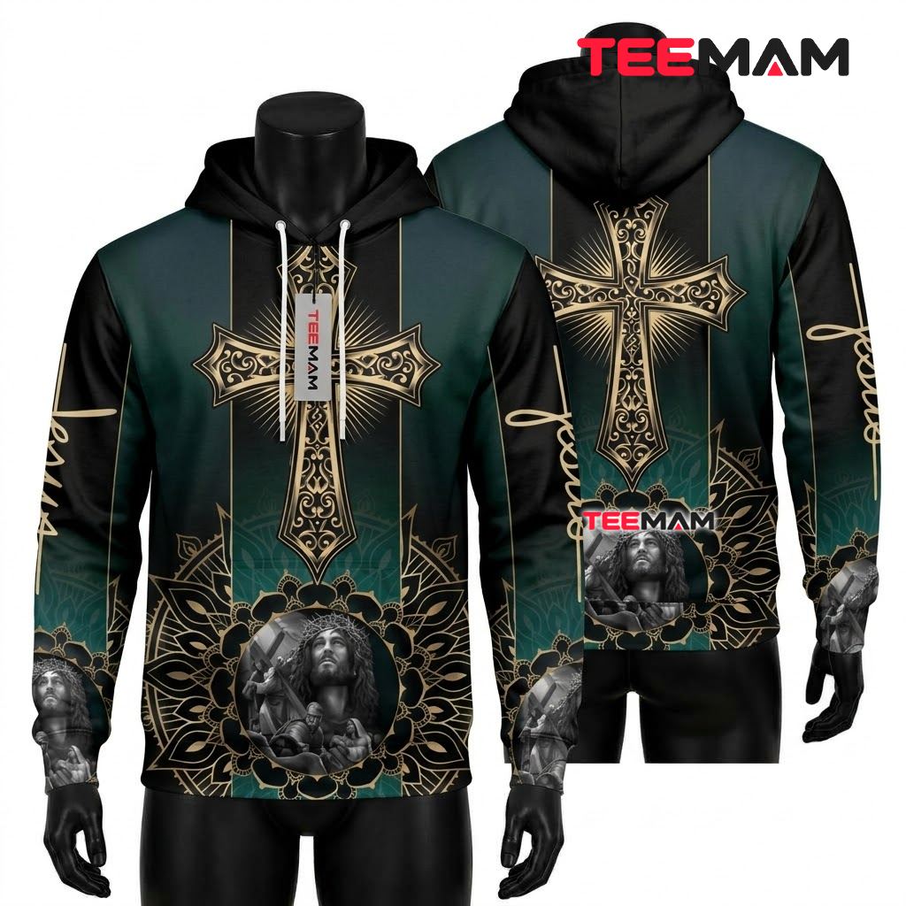 Jesus All Over Print 3D Hoodie Gold Cross Mandala Emerald Front