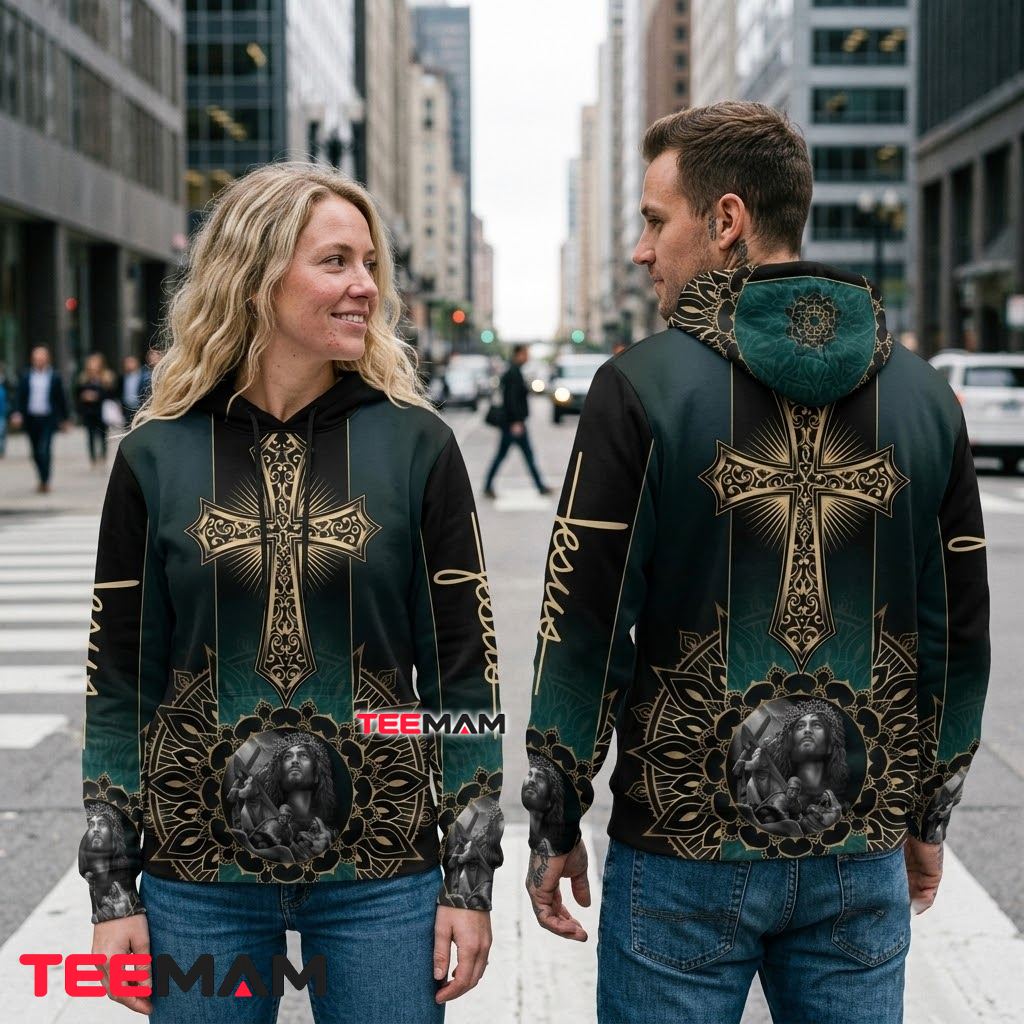 Jesus All Over Print 3D Hoodie Gold Cross Mandala Emerald Back Jesus All Over Print 3D Hoodie Gold Cross Mandala Emerald Back